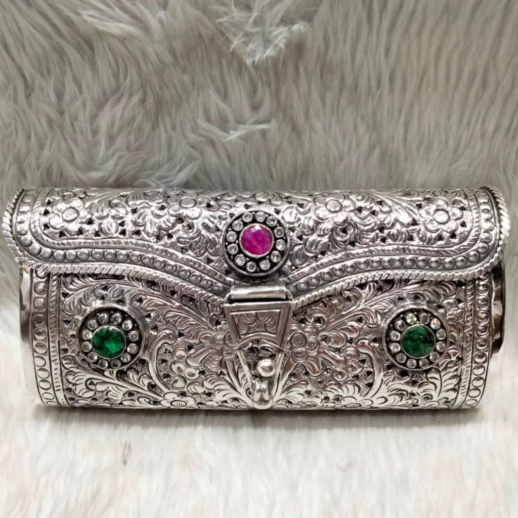 Antique Silver Clutch Purse with Ruby & Emerald Gemstones