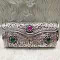 Antique Silver Clutch Purse with Ruby & Emerald Gemstones