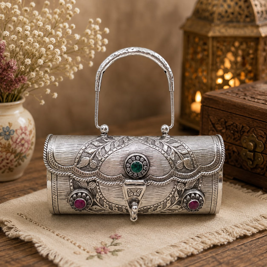 Antique Silver Purse – 3-Stone, Carved Arch Handle