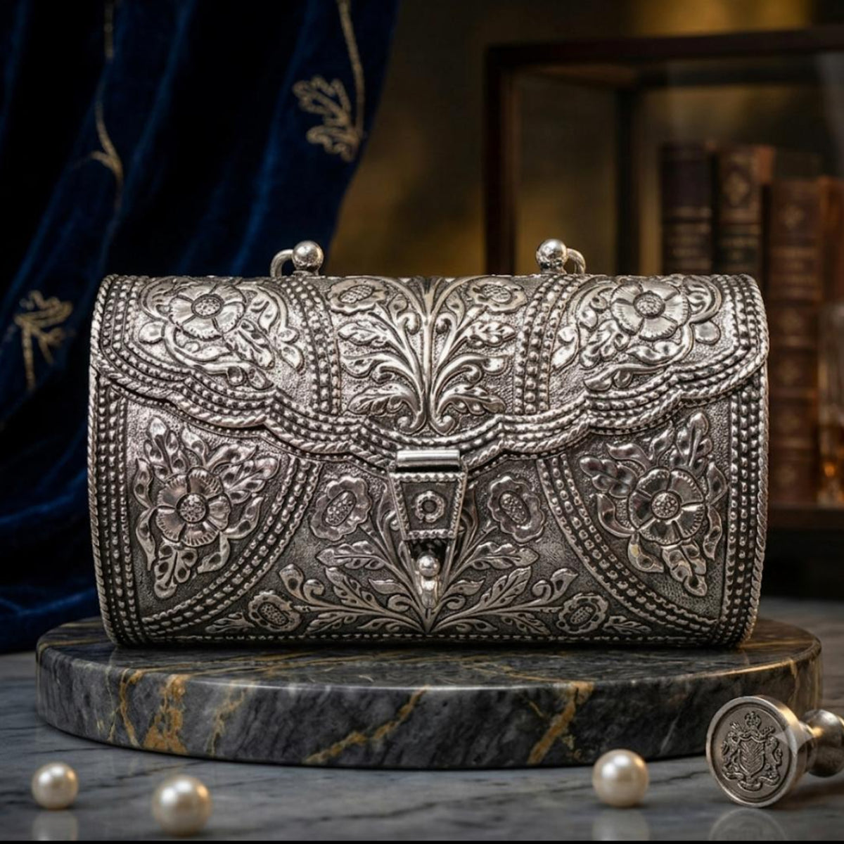 Antique Silver Purse – Plain Floral Clasp, Twin Ring Handle