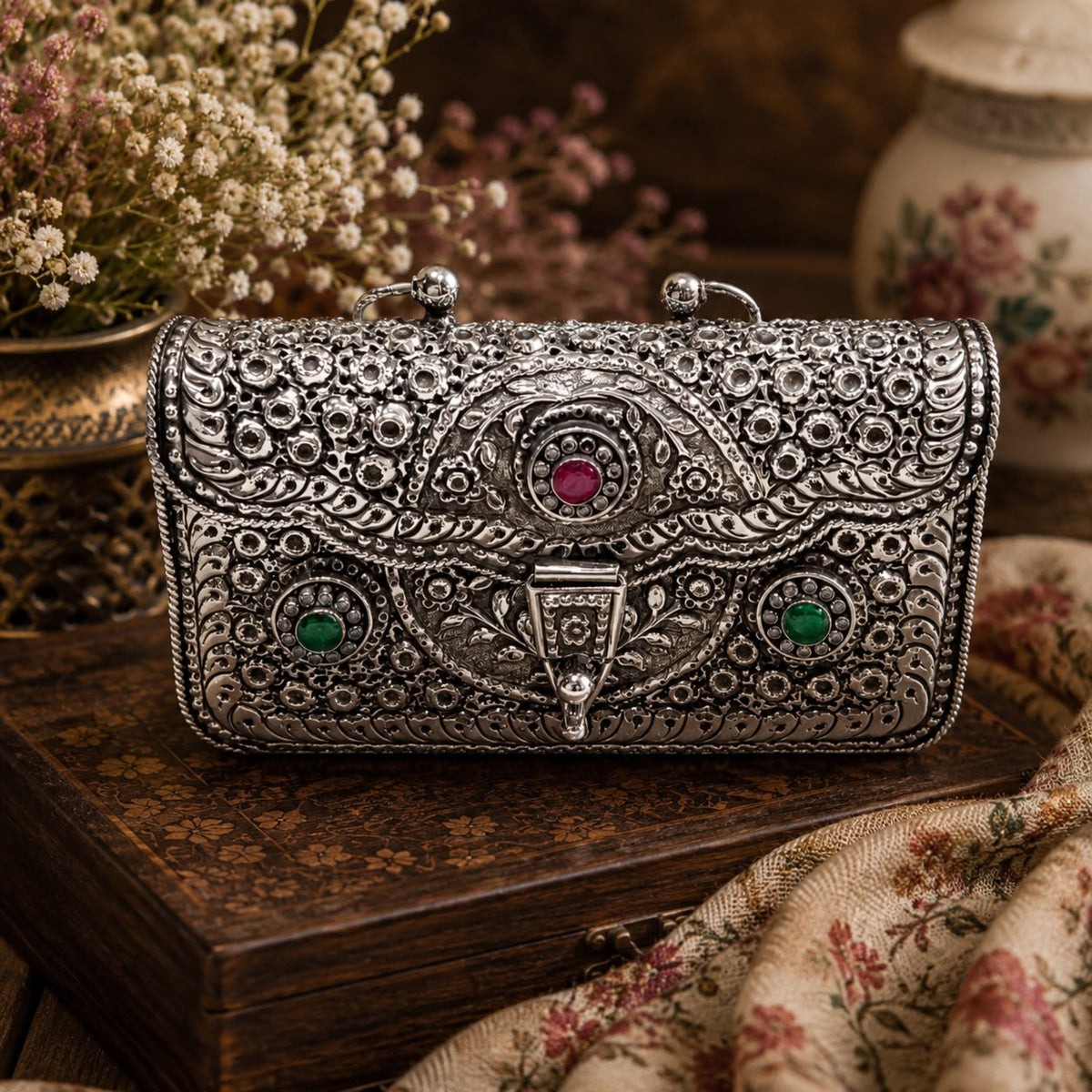 Antique Silver Purse – 3-Stone, Twin Ring Handle