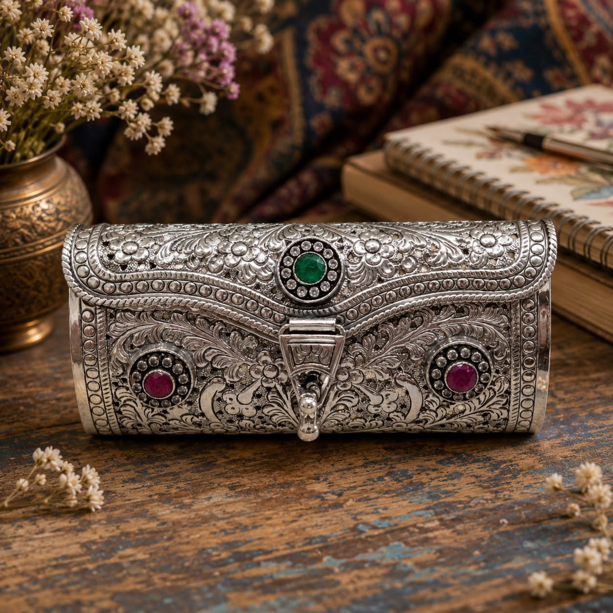 Antique Silver Purse – 3-Stone Filigree Emerald (II)