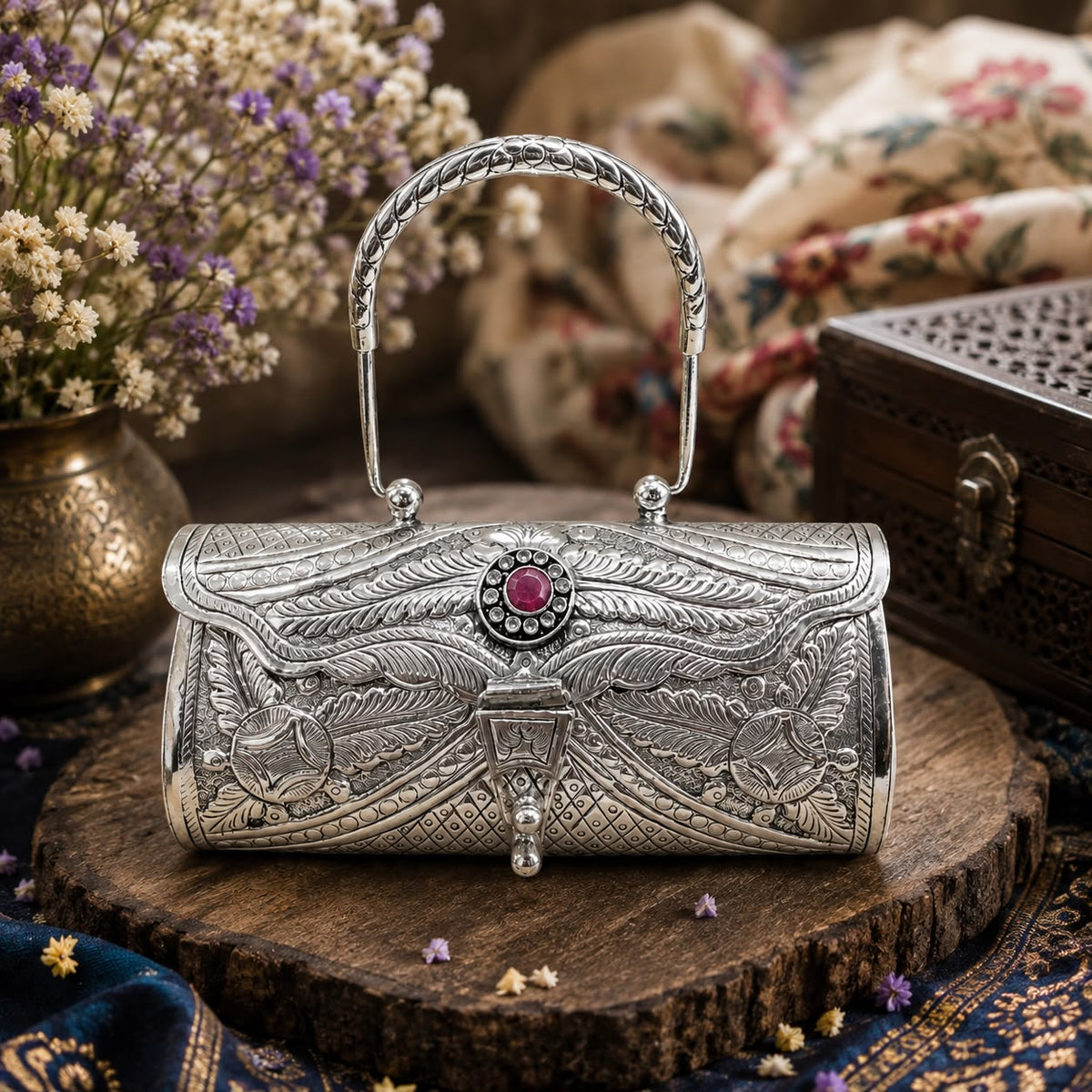 Antique Silver Purse – Single Ruby, Twisted Rope Handle