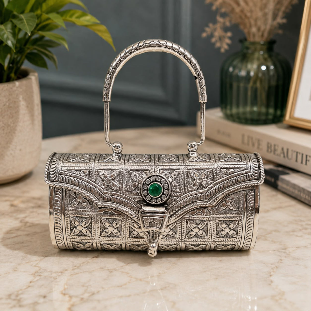 Antique Silver Purse – Single Emerald, Braided Arch Handle