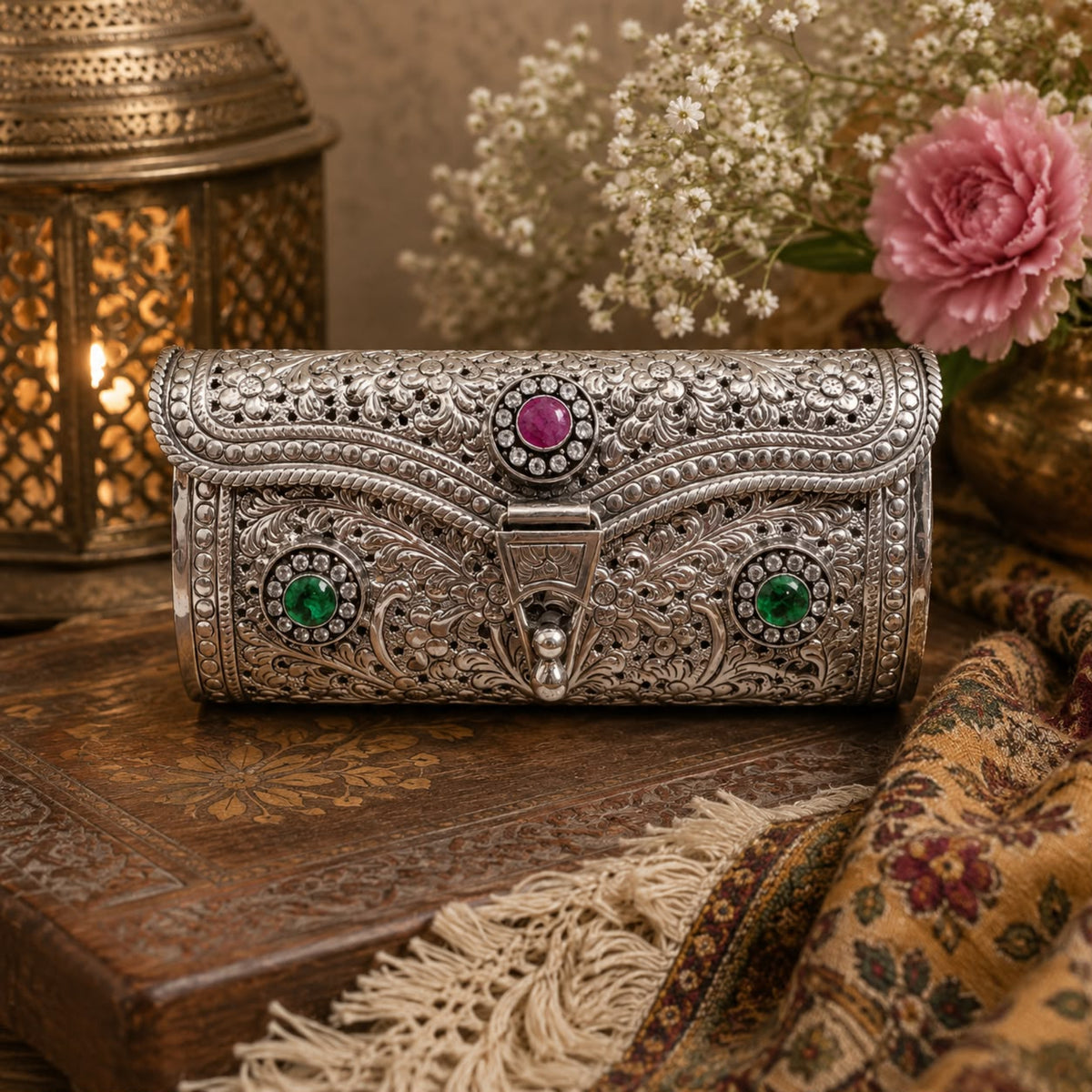 Antique Silver Clutch Purse with Ruby & Emerald Gemstones