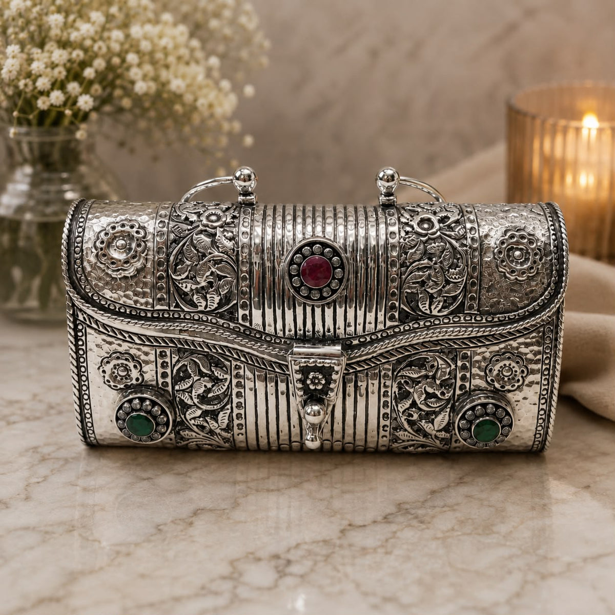 Antique Silver Purse – 3-Stone Filigree, Twin Ring Handle