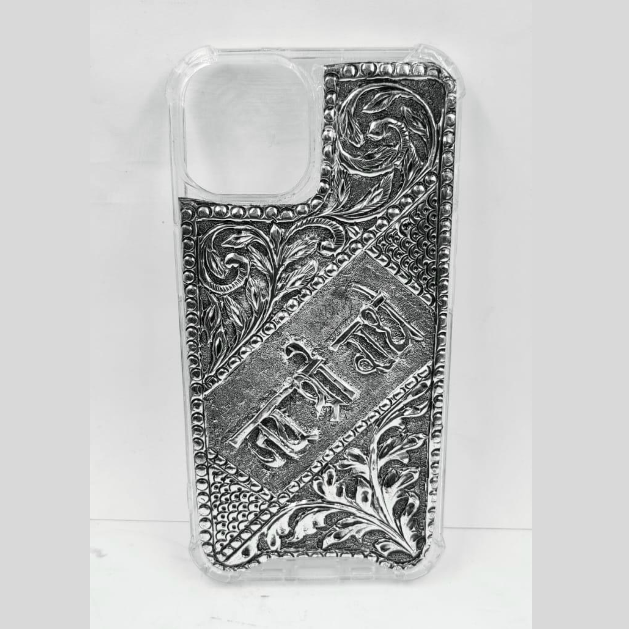 iPhone Cover – Jai Shree Radhe Inscription with Floral Corner Scrolls
