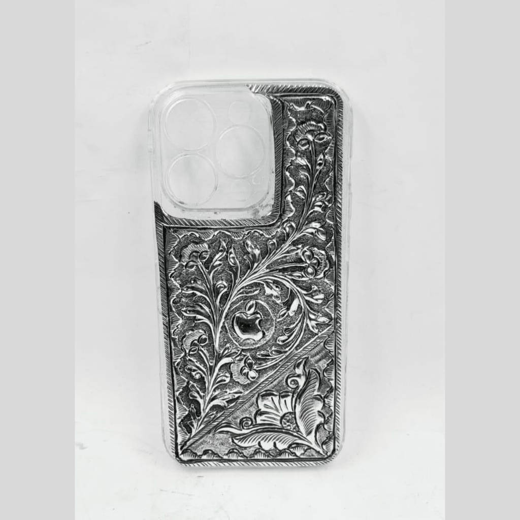 iPhone Pro Cover – Floral Scroll with Diagonal Flower Accent & Fine Linear Border