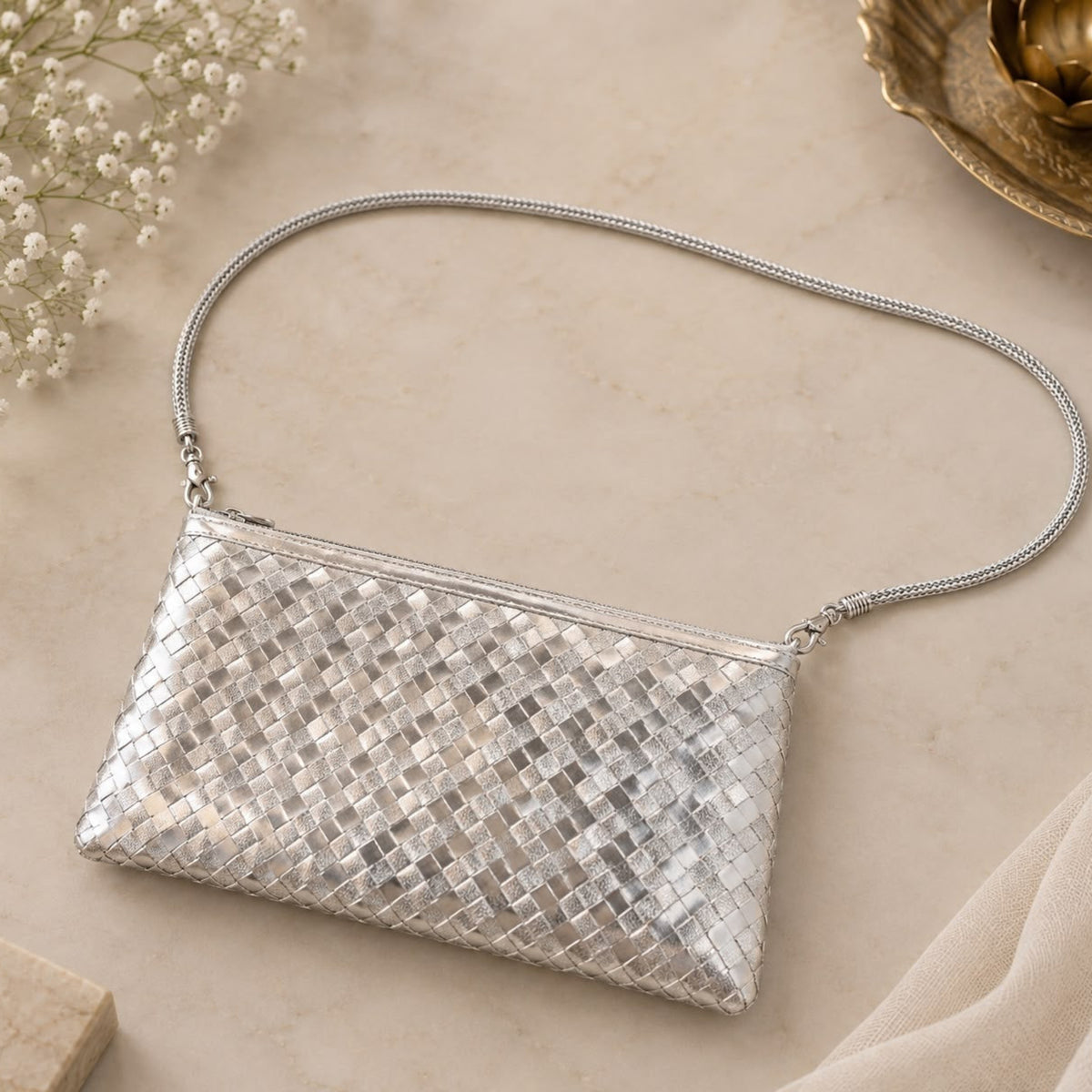 Contemporary Silver Purse – Chatai Weave Crossbody Sling