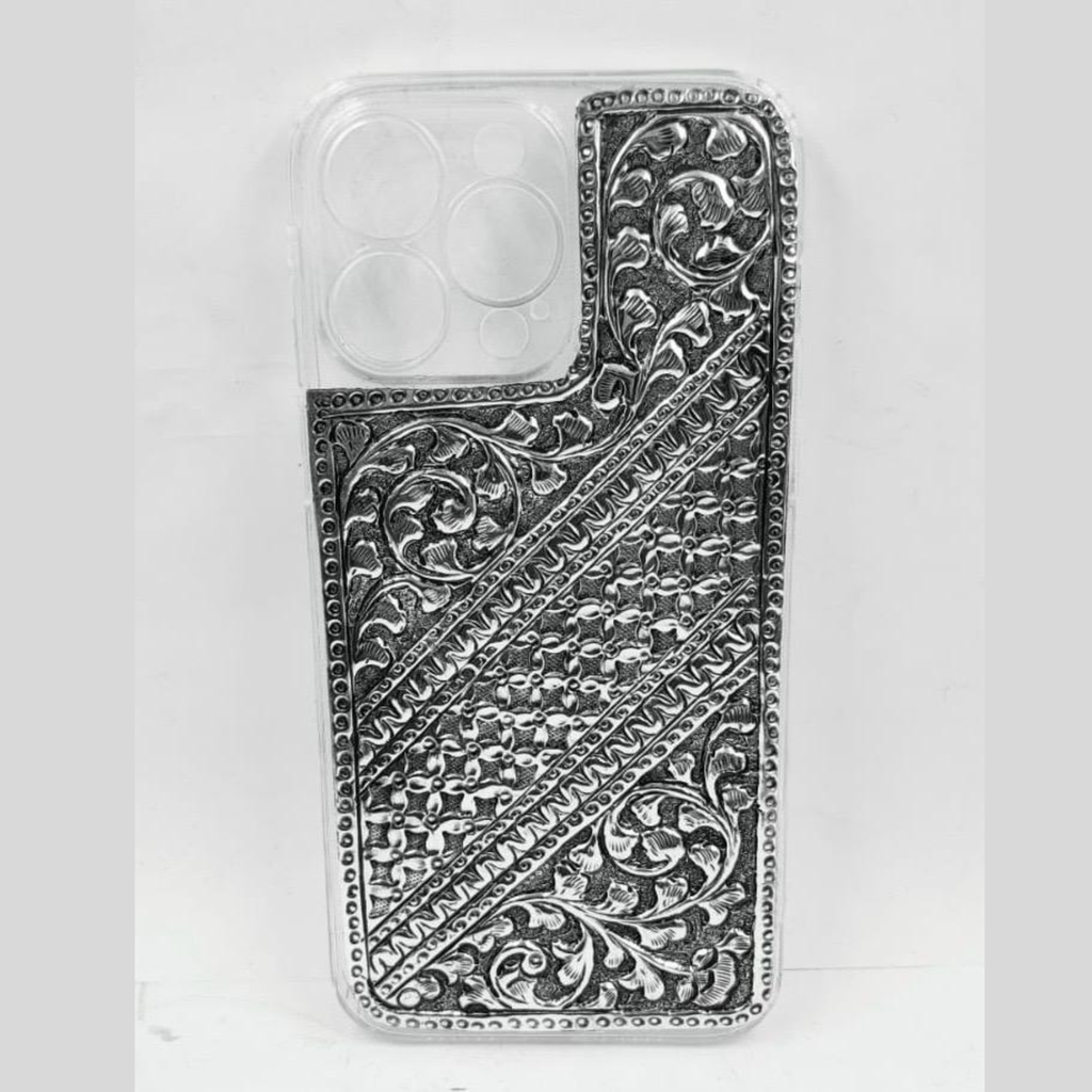 iPhone Pro Max Cover – Diagonal Lattice & Bindi Pattern with Floral Corner Scrolls