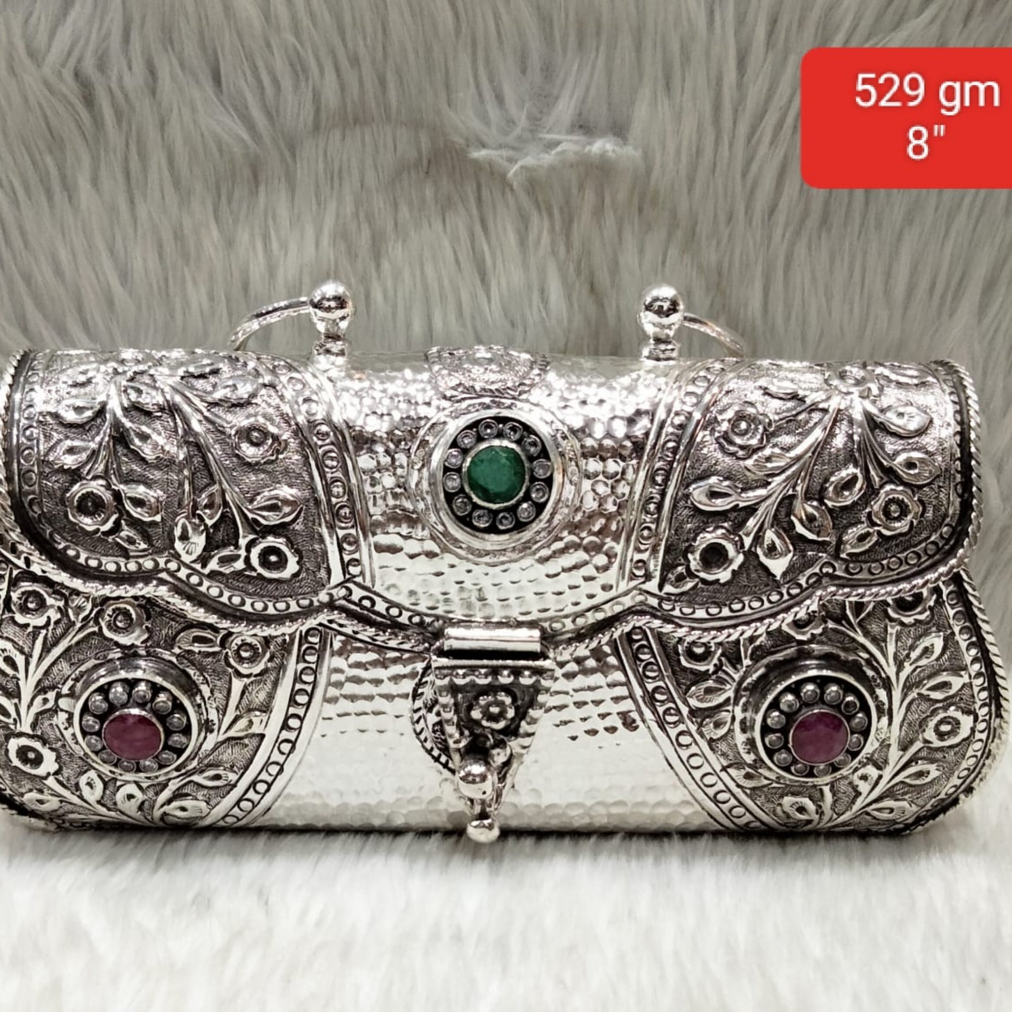 Antique Silver Purse – 3-Stone Emerald Centre, Twin Ring Handle