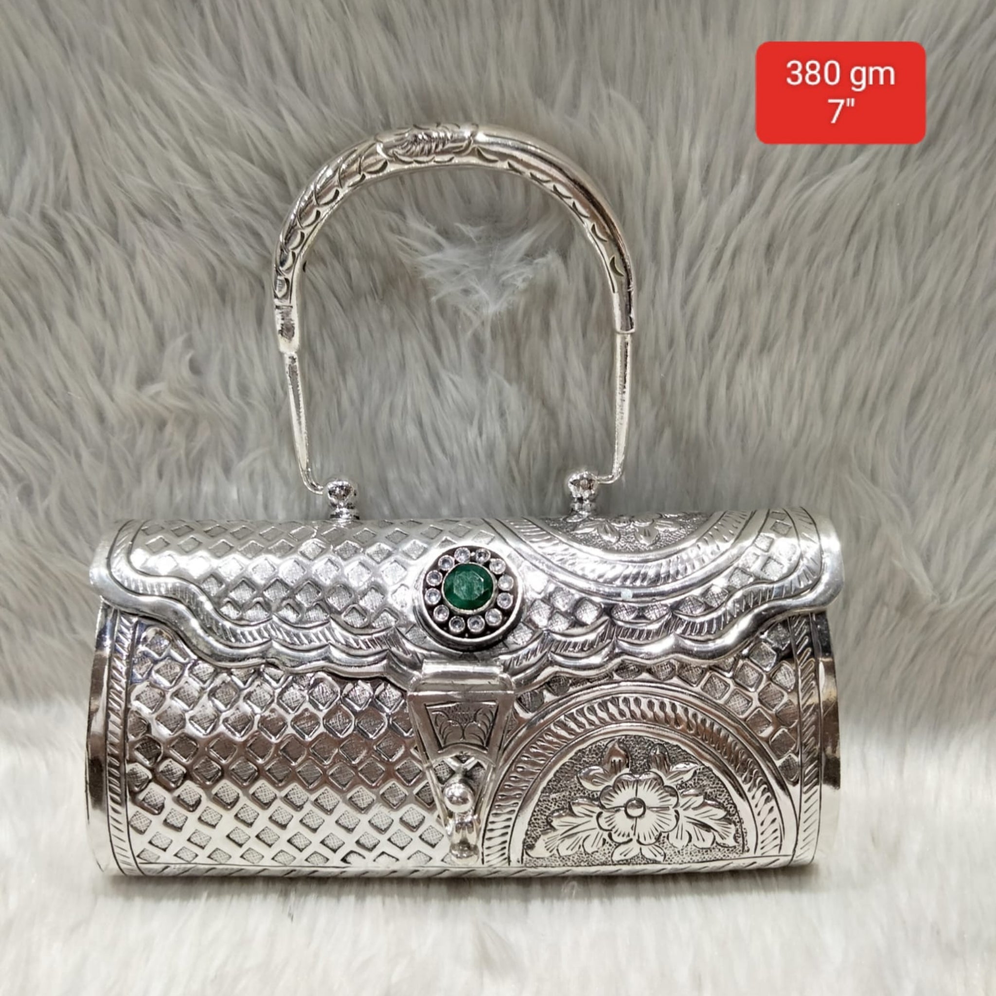 Antique Silver Purse – Single Emerald, Carved Arch Handle