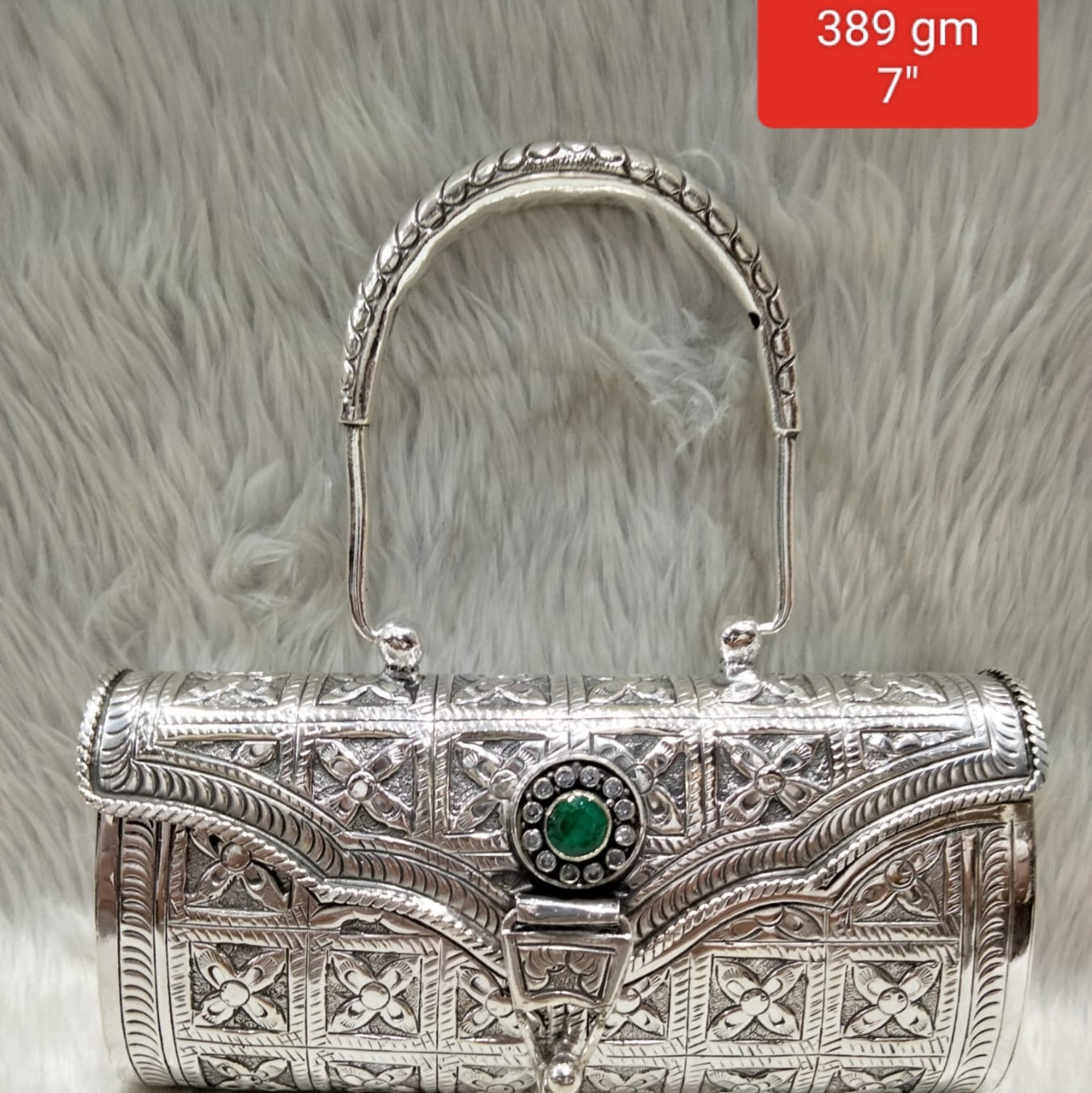 Antique Silver Purse – Single Emerald, Braided Arch Handle
