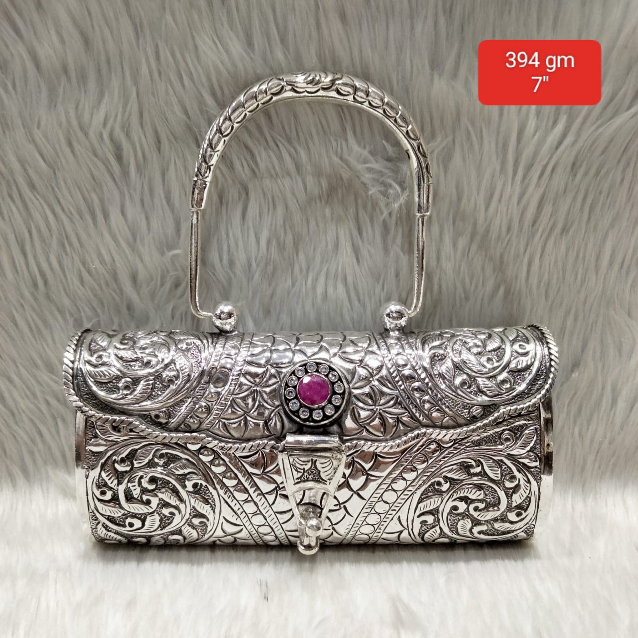 Antique Silver Purse – Single Ruby, Carved Arch Handle