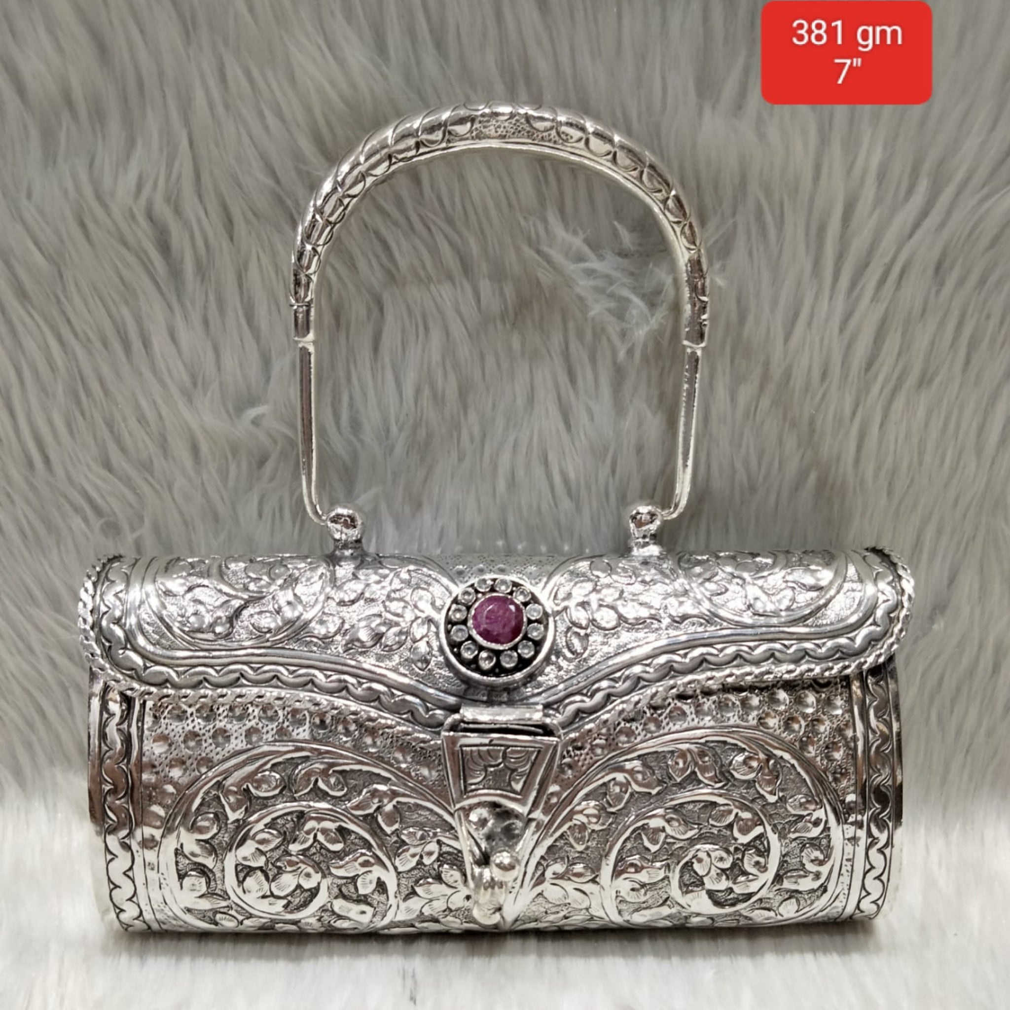 Antique Silver Purse – Single Ruby, Carved Arch Handle (Classic)