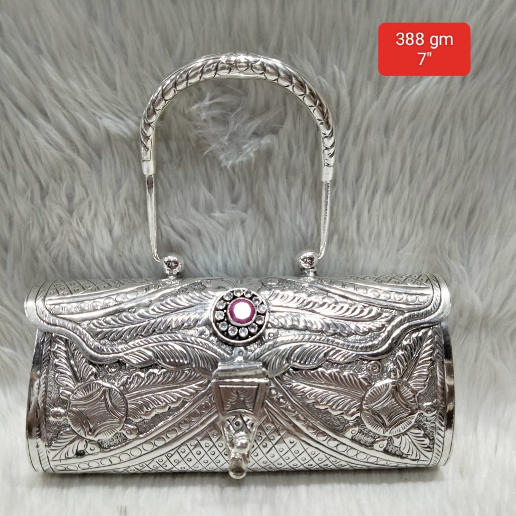 Antique Silver Purse – 1-Stone Embossed, Top Handle