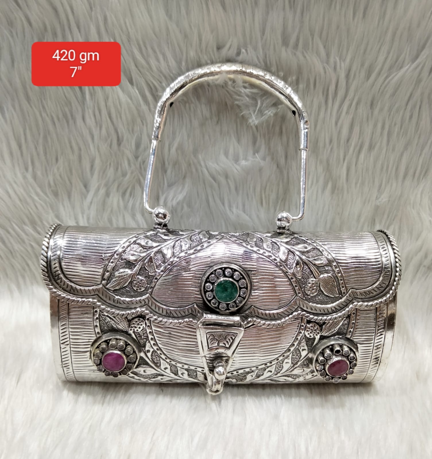 Antique Silver Purse – 3-Stone, Carved Arch Handle