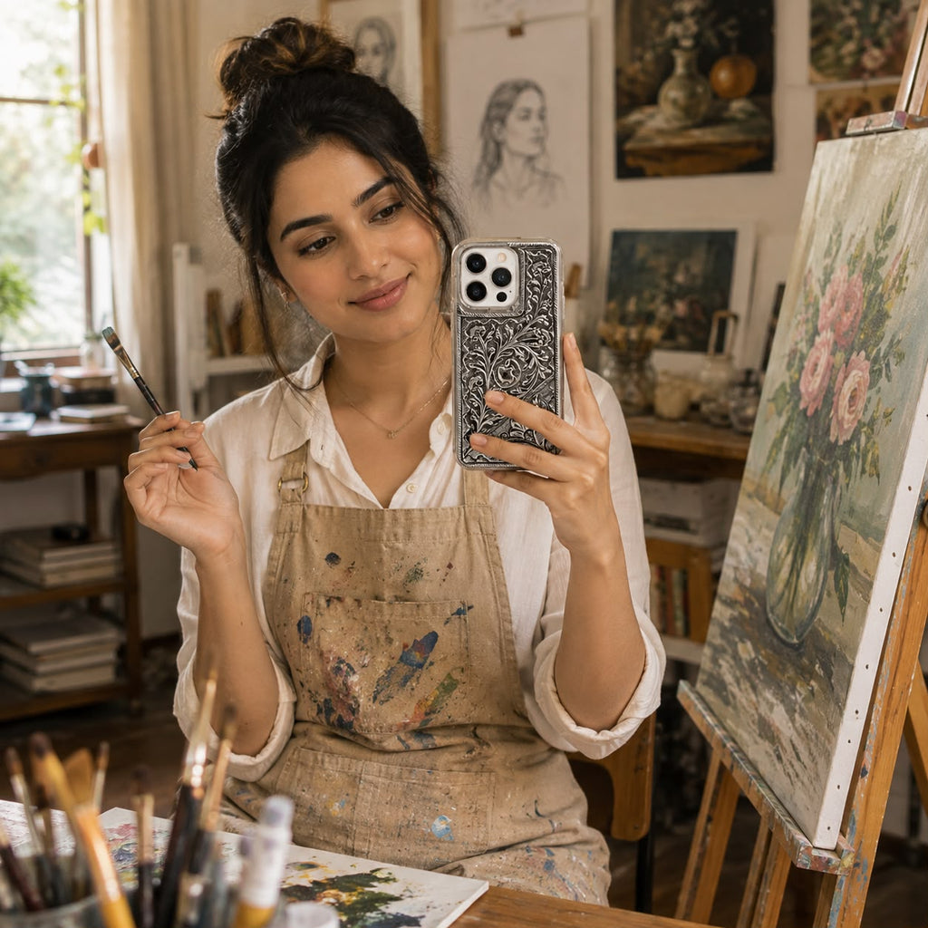 iPhone Pro Cover – Floral Scroll with Diagonal Flower Accent & Fine Linear Border