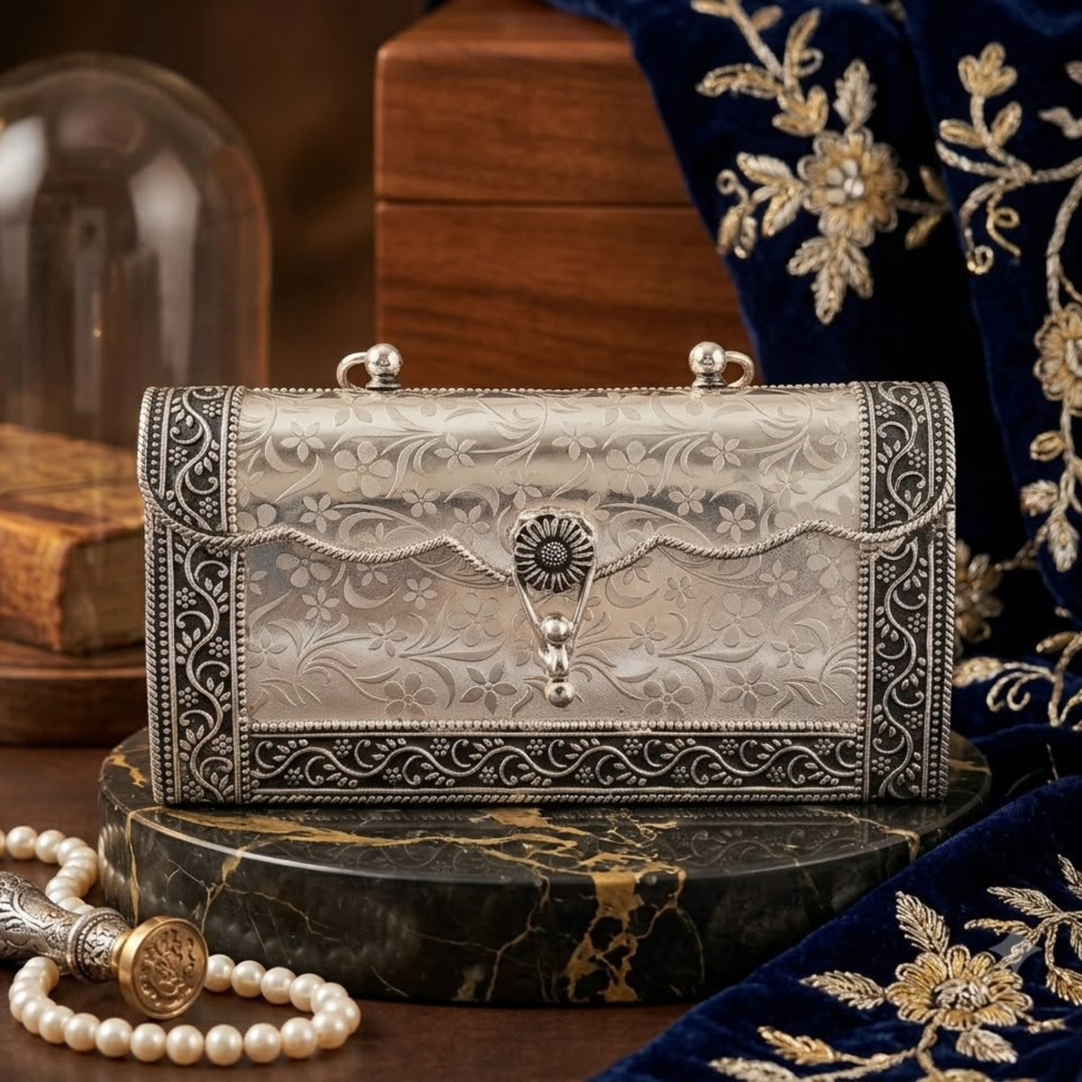 Antique Silver Box Clutch – Floral Engraved, Medallion Clasp