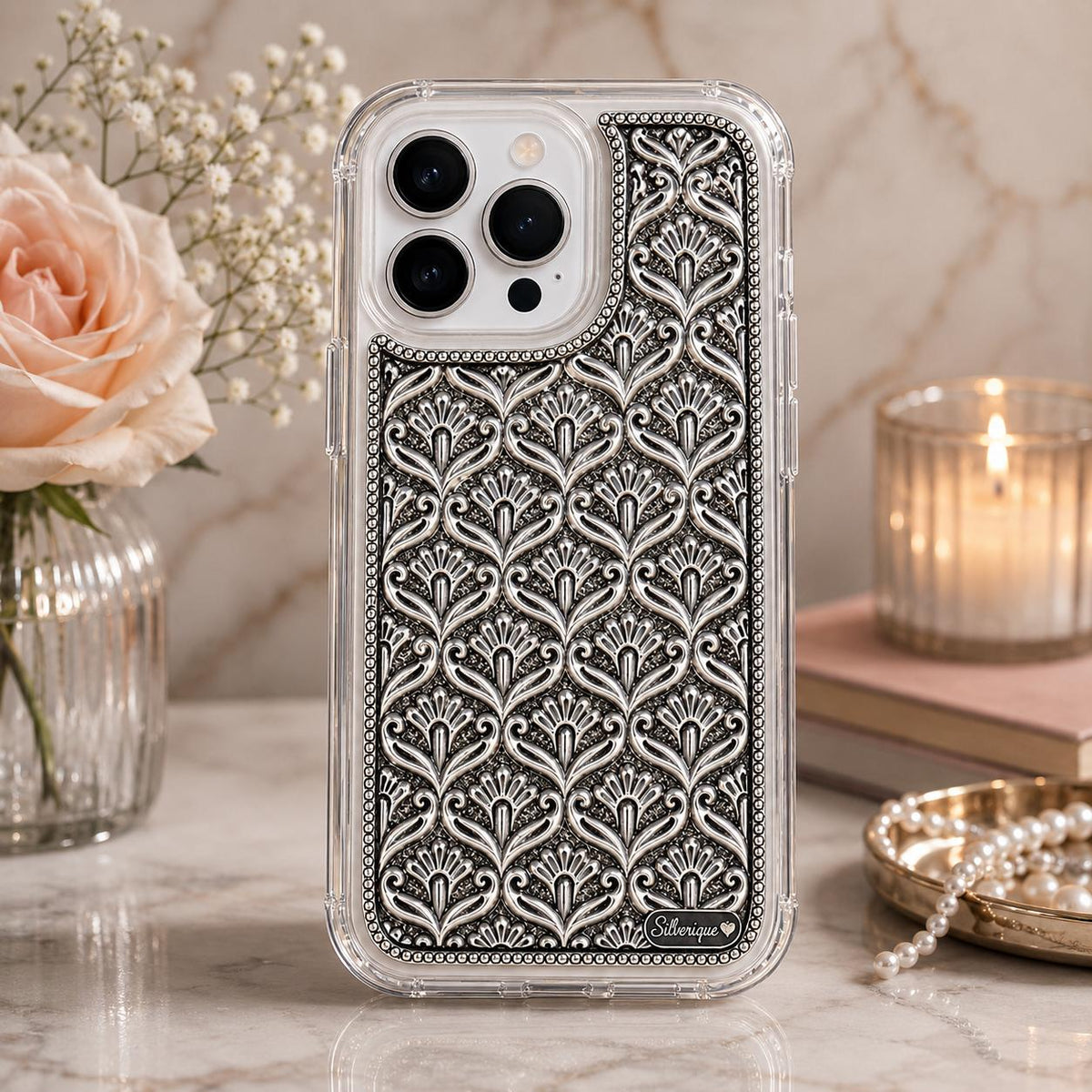 iPhone Cover – Art Deco Fan & Shell Repeat with Beaded Border