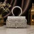 Antique Silver Purse – Dense Floral Pattern with Heavy Beaded Border & Round Handle
