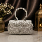 Antique Silver Purse – Dense Floral Pattern with Heavy Beaded Border & Round Handle