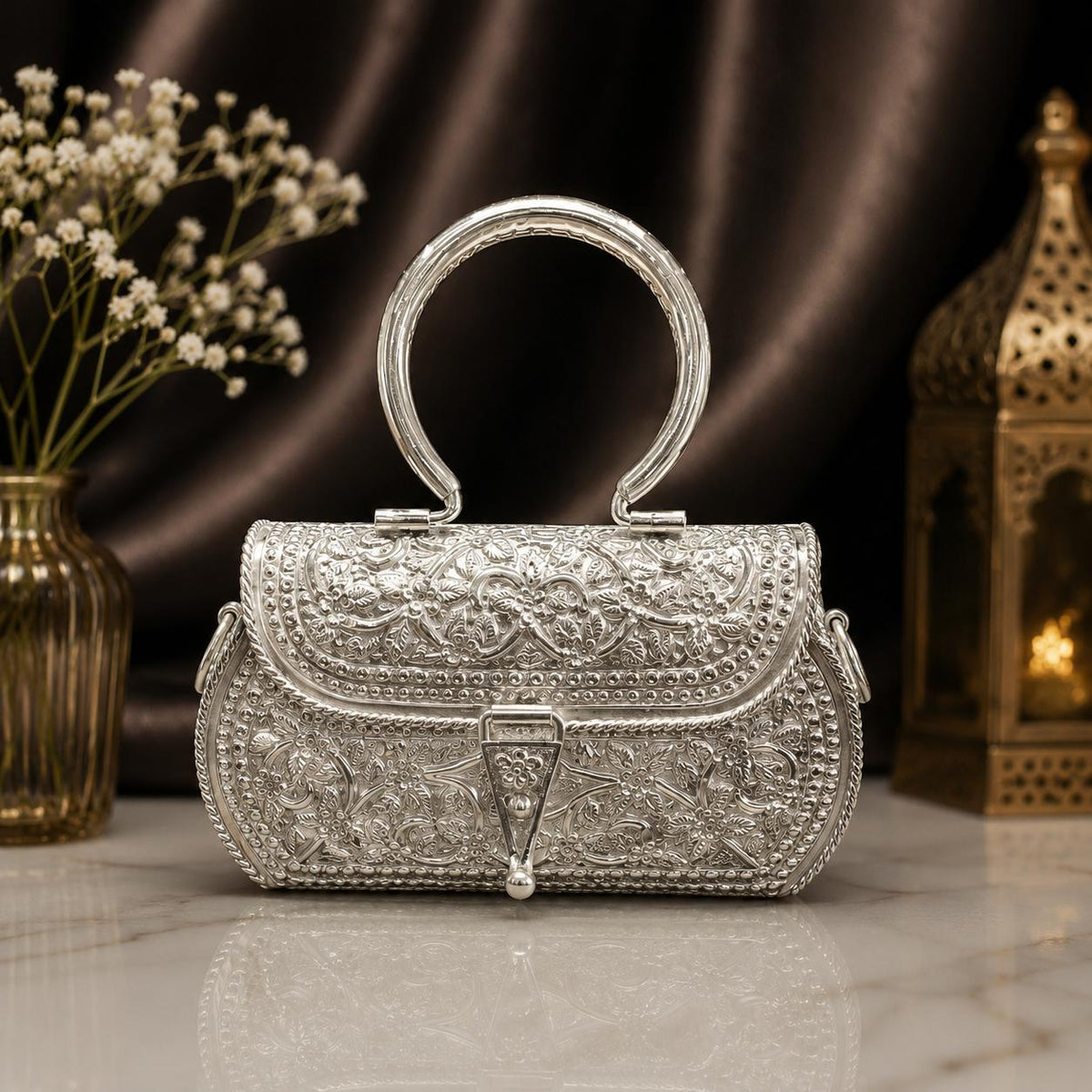 Antique Silver Purse – Dense Floral Pattern with Heavy Beaded Border & Round Handle