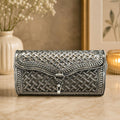 Antique Silver Purse – Herringbone & Twill Weave Texture with Rope-Trim Border