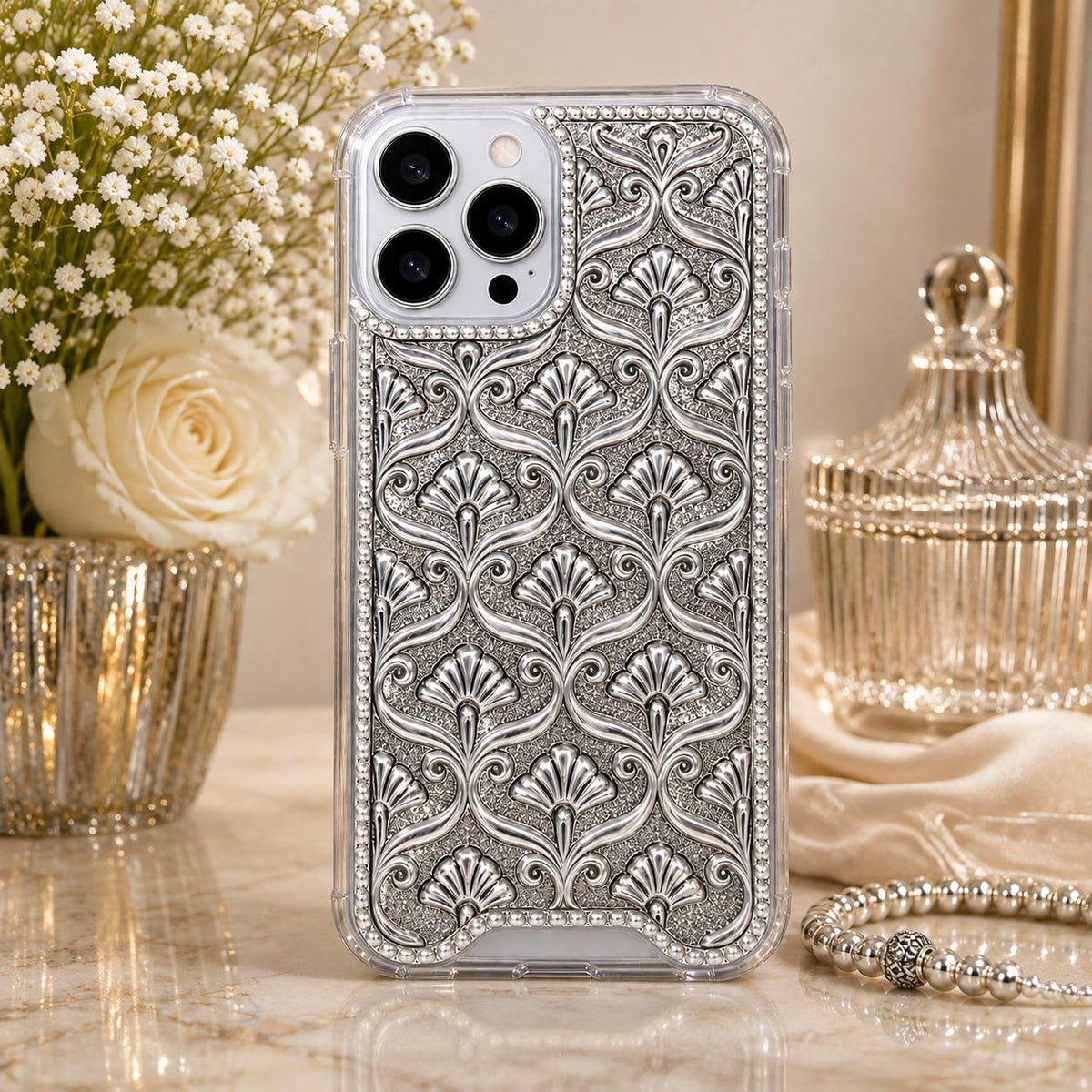 Phone Cover – Art Deco Fan & Shell Repeat with Wide Pearl-Bead Border