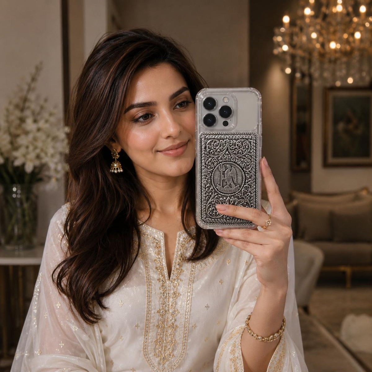 Phone Cover – Ornate Eagle & Trishul Emblem with Devanagari Text & Filigree Border