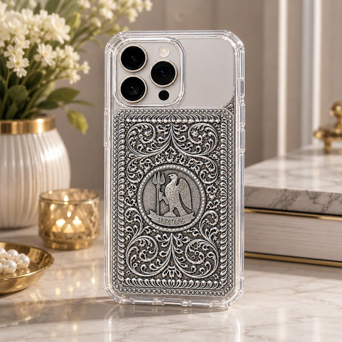 Phone Cover – Ornate Eagle & Trishul Emblem with Devanagari Text & Filigree Border