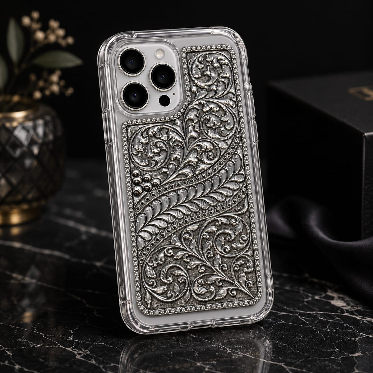 Phone Cover – Acanthus Scroll & Feather-Leaf Motif on Diagonal Panel