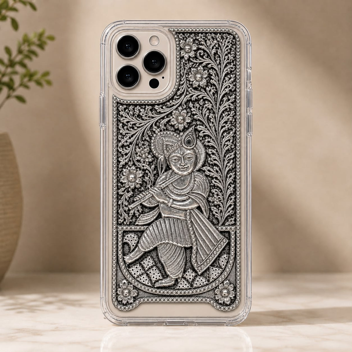 Phone Cover – Lord Krishna Playing Flute with Floral Scroll Surround & Beaded Border