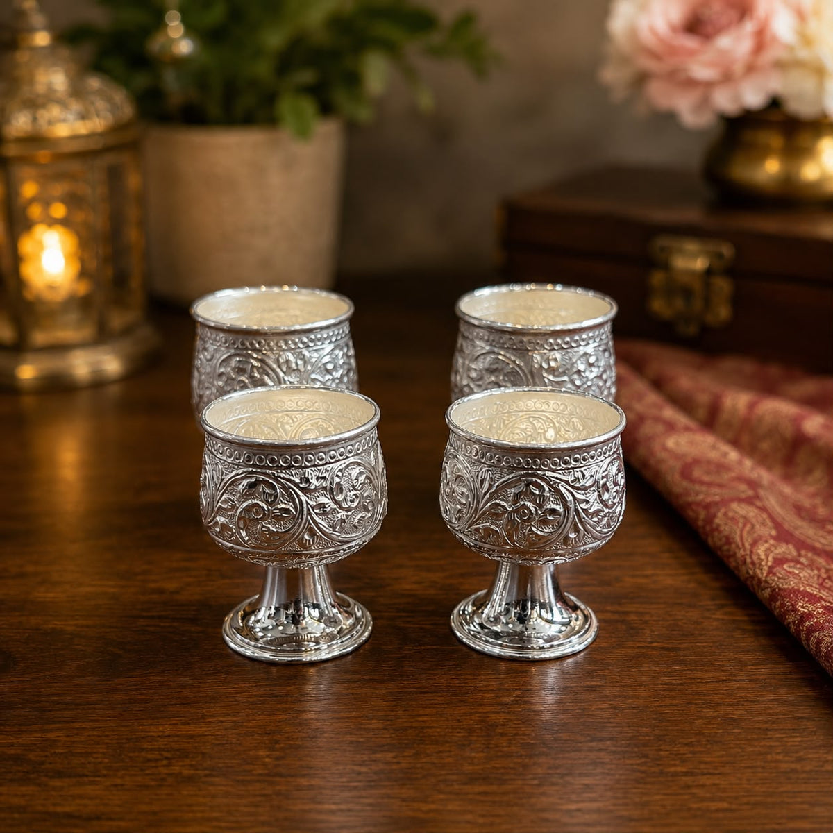 Silver Barware Set of 5 – Jigger & Shot Glasses, Floral Vine