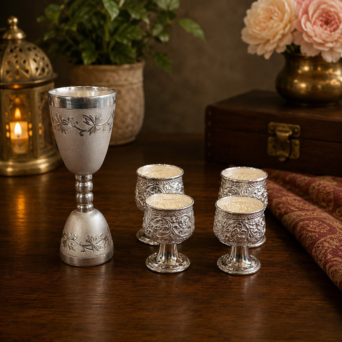 Silver Barware Set of 5 – Jigger & Shot Glasses, Floral Vine