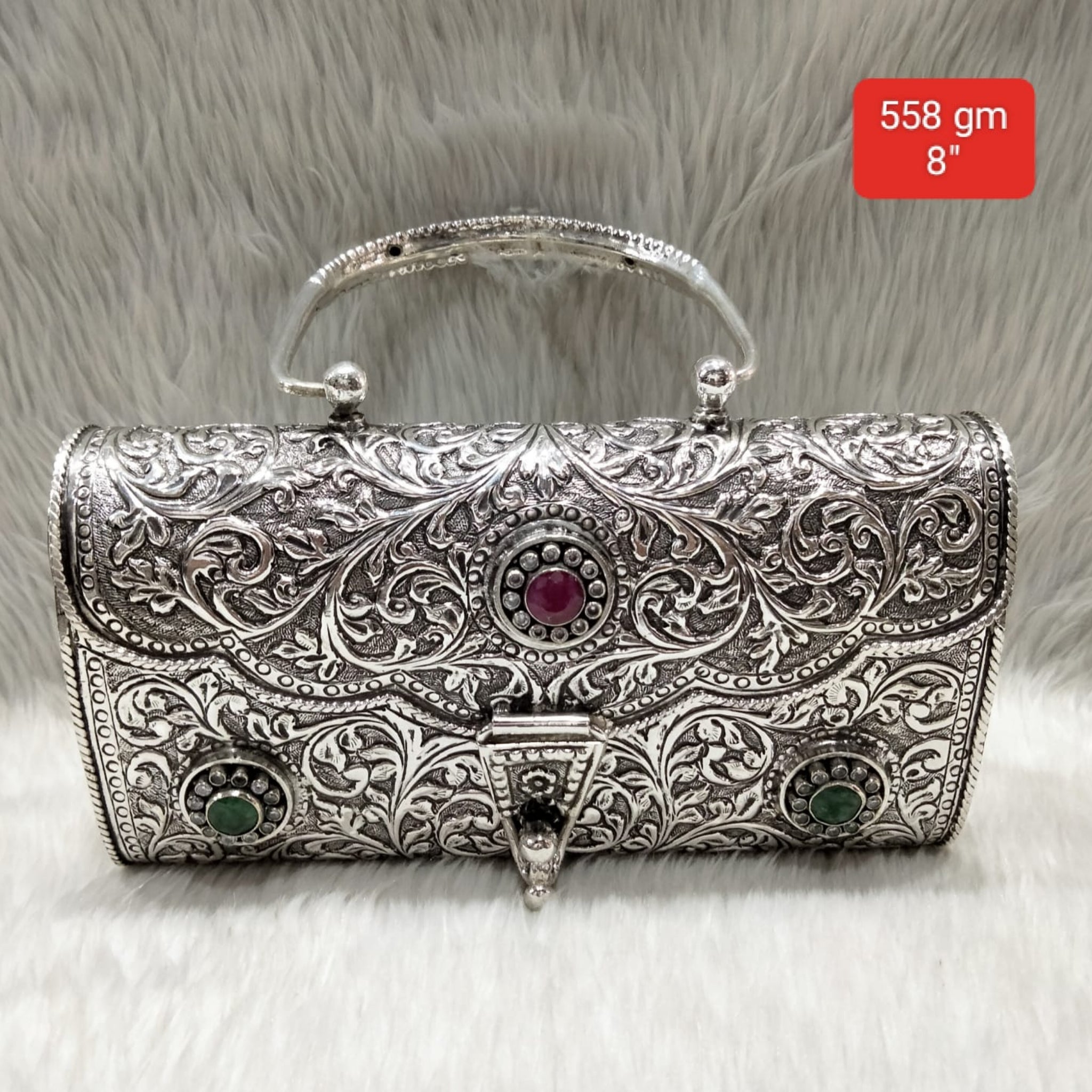 Antique Silver Purse 3-Stone Oval Loop Handle 558gm 8 inch