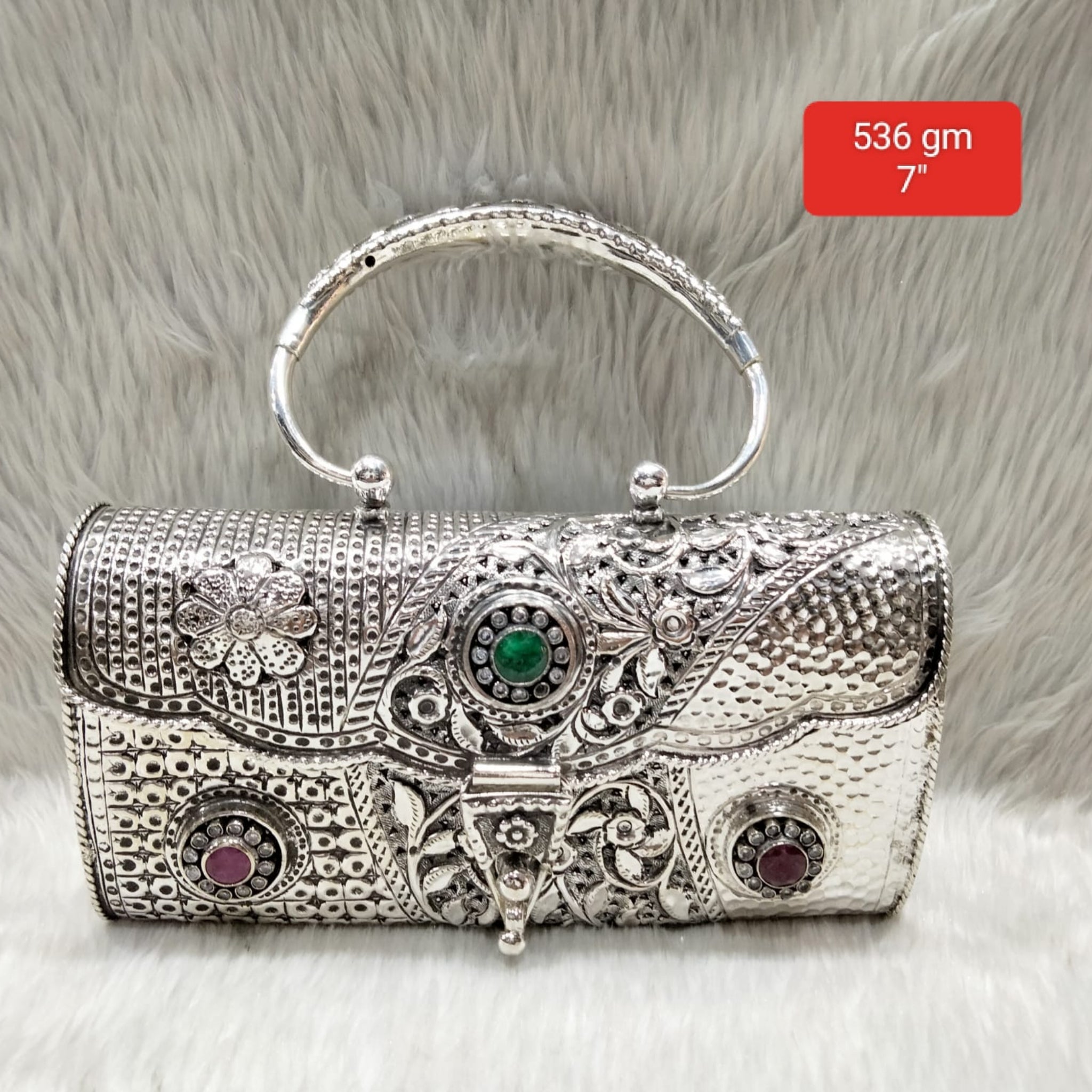 Antique Silver Purse 3-Stone Emerald Centre Oval Loop Handle 536gm 7 inch