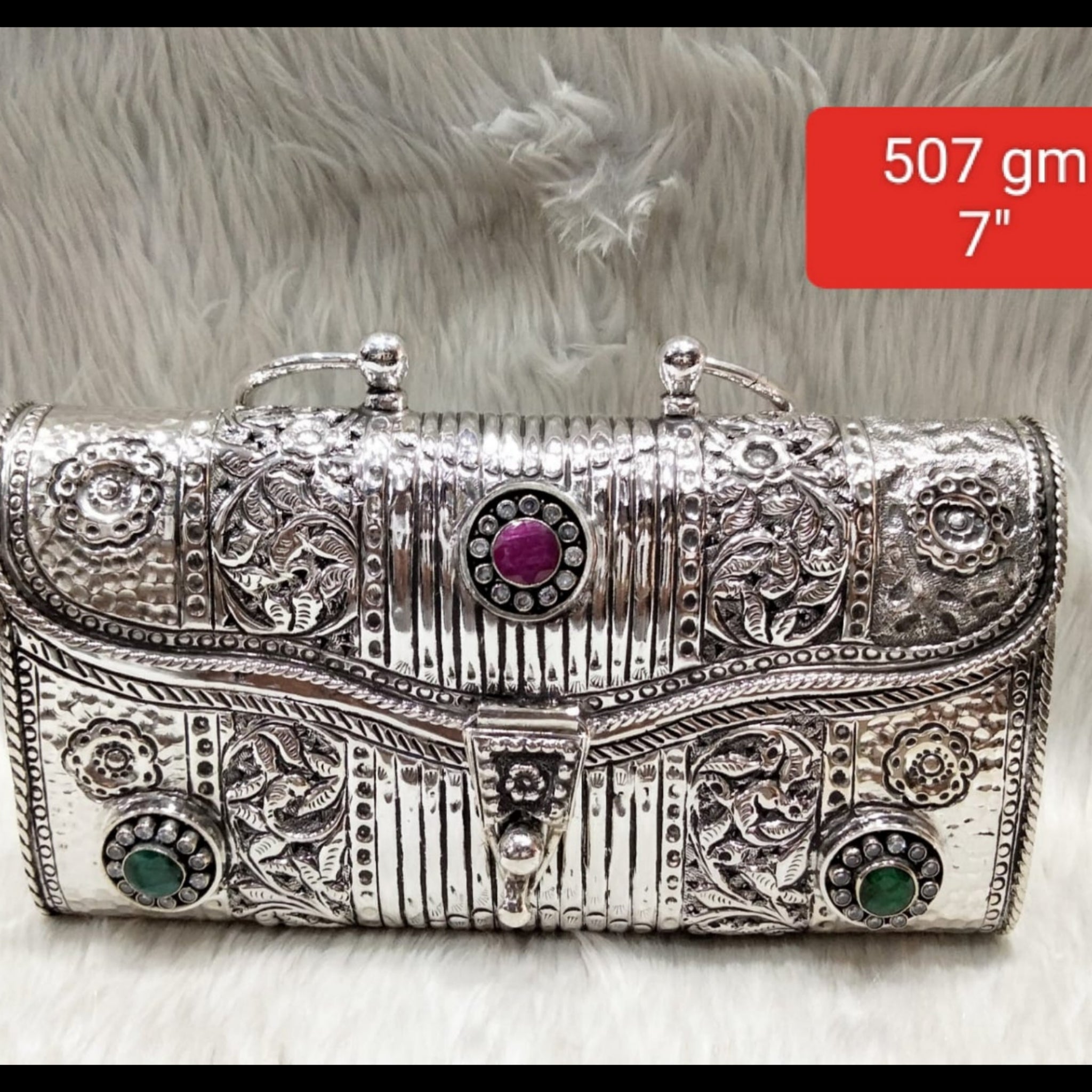 Antique Silver Purse 3-Stone Filigree Twin Ring Handle 507gm 7 inch
