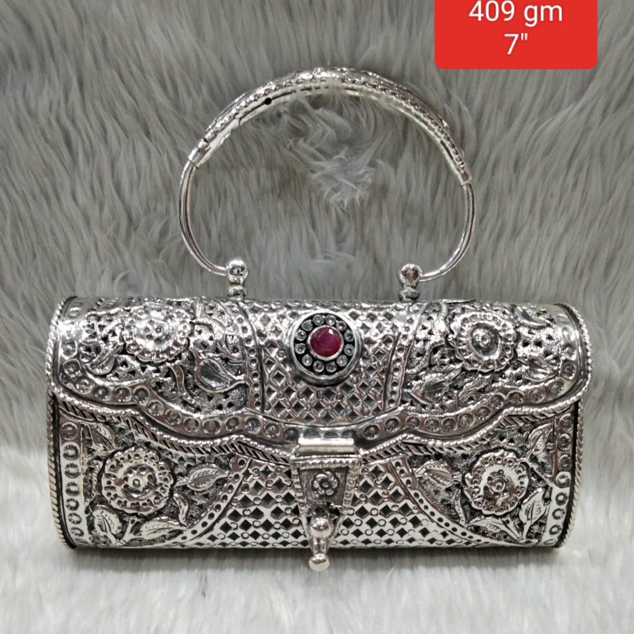 Antique Silver Purse Single Ruby Oval Loop Handle 409gm 7 inch