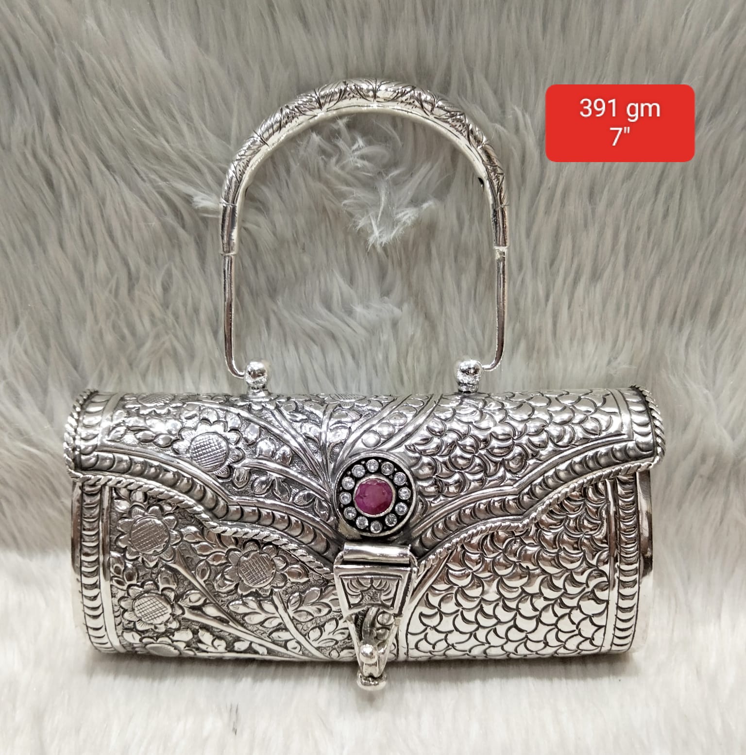 Antique Silver Purse Single Ruby Carved Arch Handle 391gm 7 inch