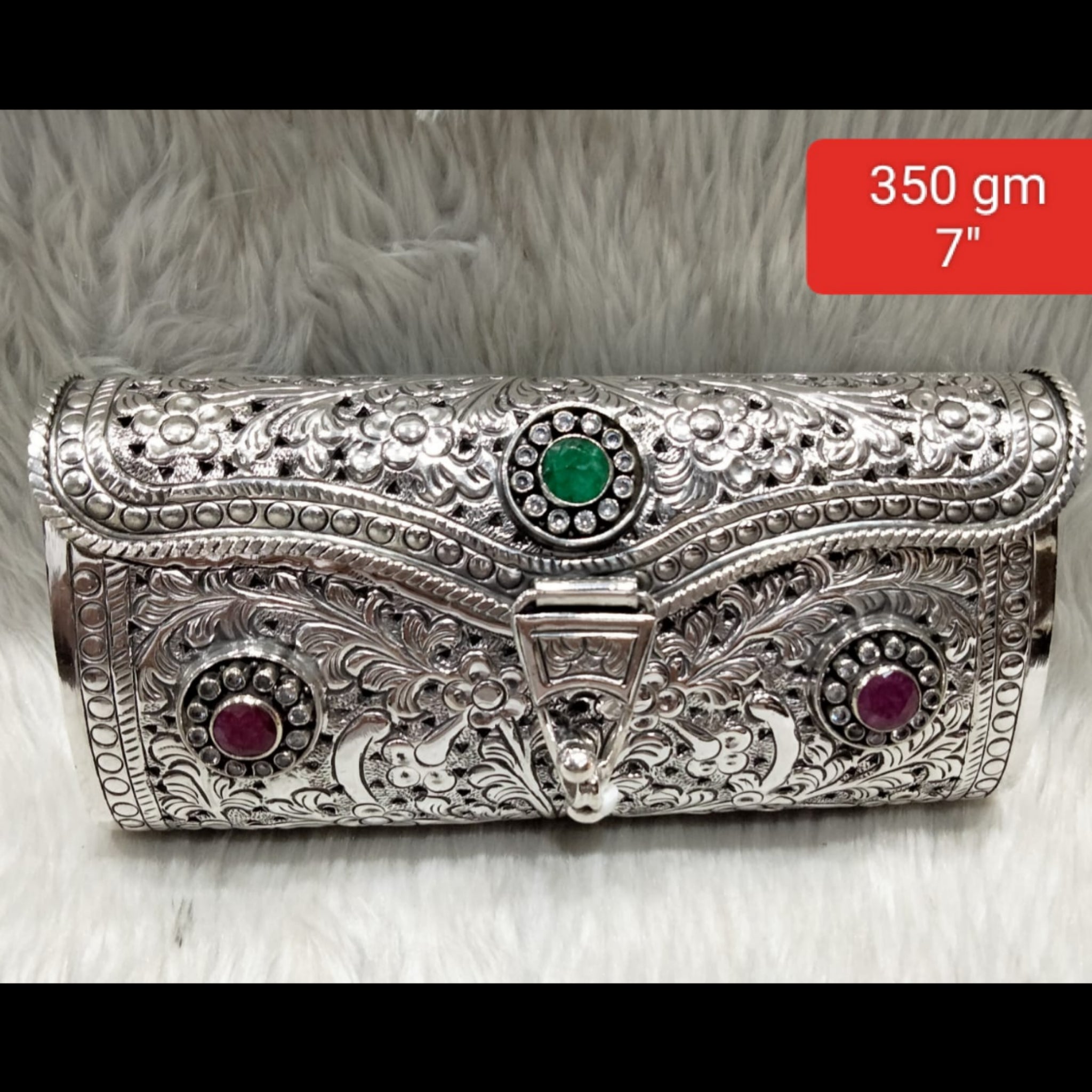 Antique Silver Purse 3-Stone Filigree Emerald Centre 350gm 7 inch