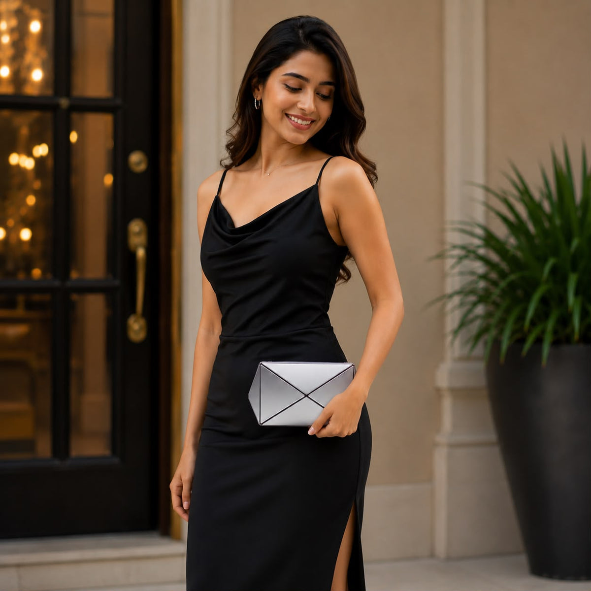 Contemporary Silver Clutch – Geometric Faceted Panels