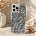 iPhone Pro Max Cover – Diagonal Lattice & Bindi Pattern with Floral Corner Scrolls