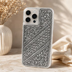 iPhone Pro Max Cover – Diagonal Lattice & Bindi Pattern with Floral Corner Scrolls