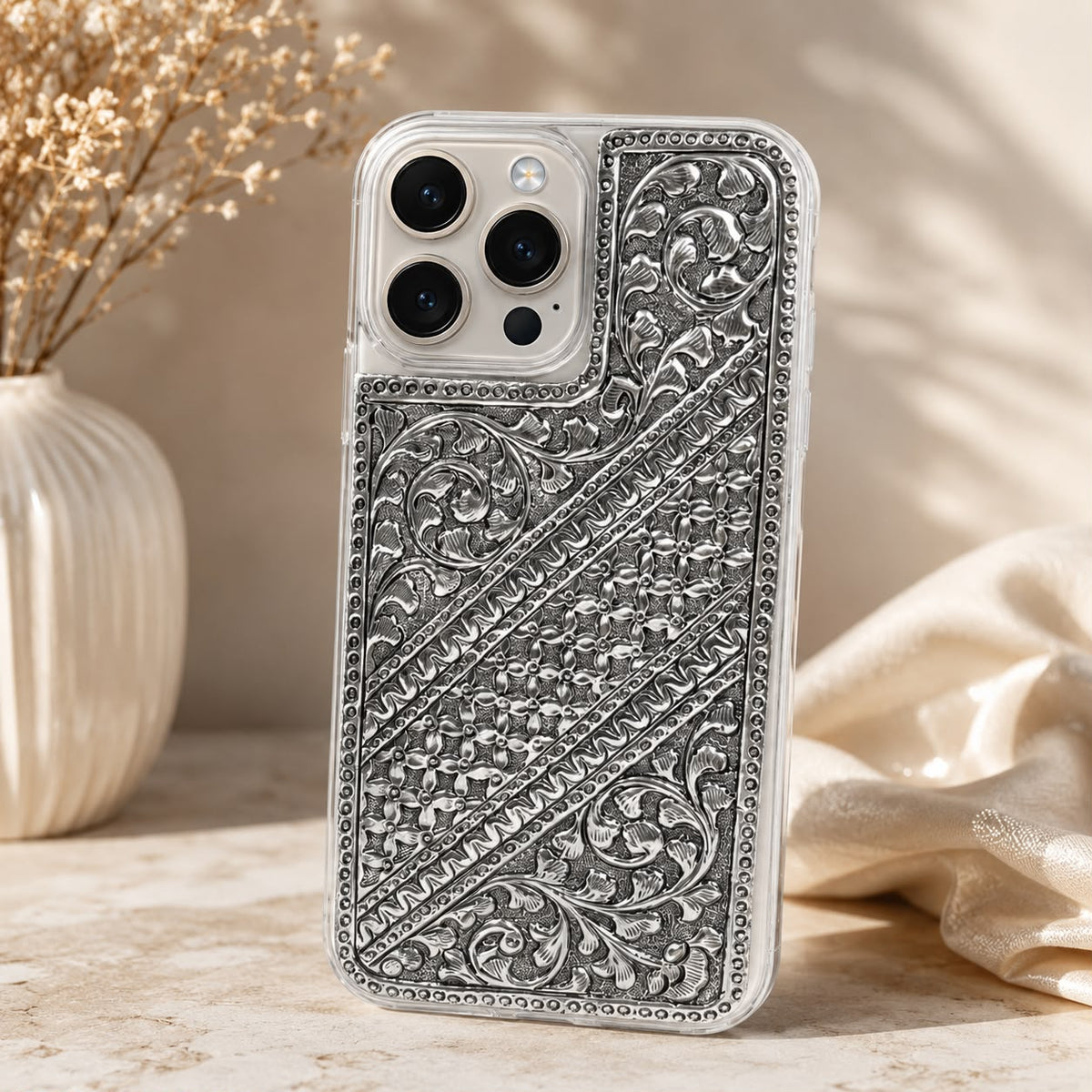 iPhone Pro Max Cover – Diagonal Lattice & Bindi Pattern with Floral Corner Scrolls