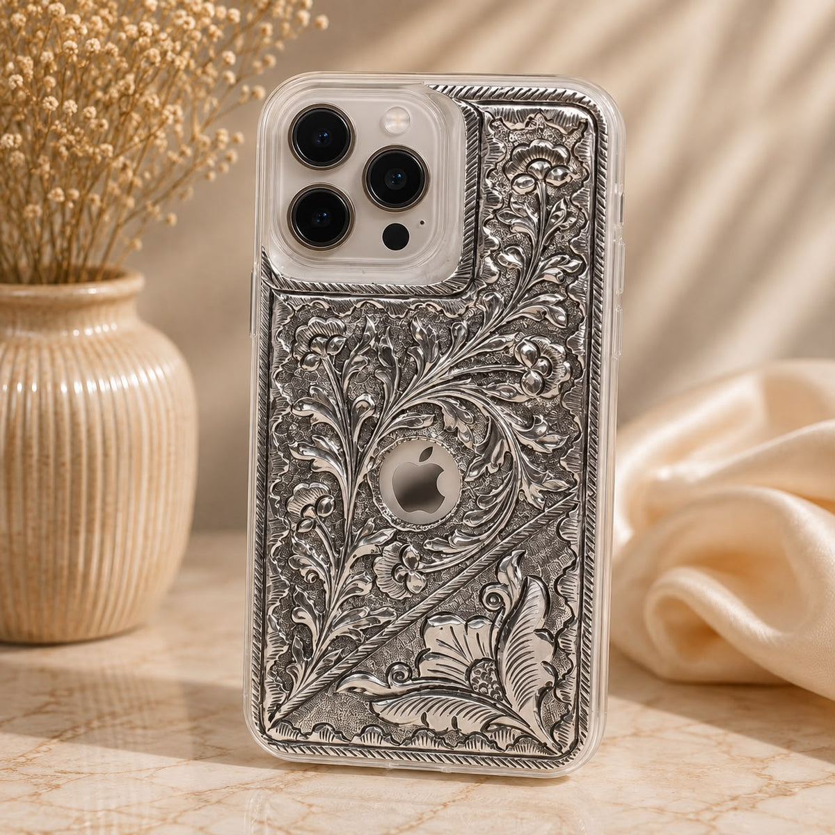 iPhone Pro Cover – Floral Scroll with Diagonal Flower Accent