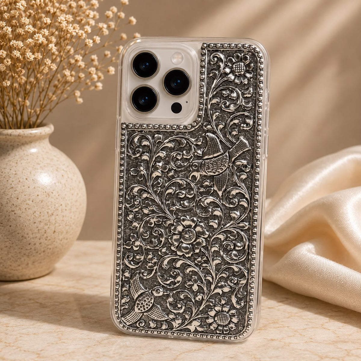 Phone Cover – Floral Pattern with Bird Motifs & Beaded Border