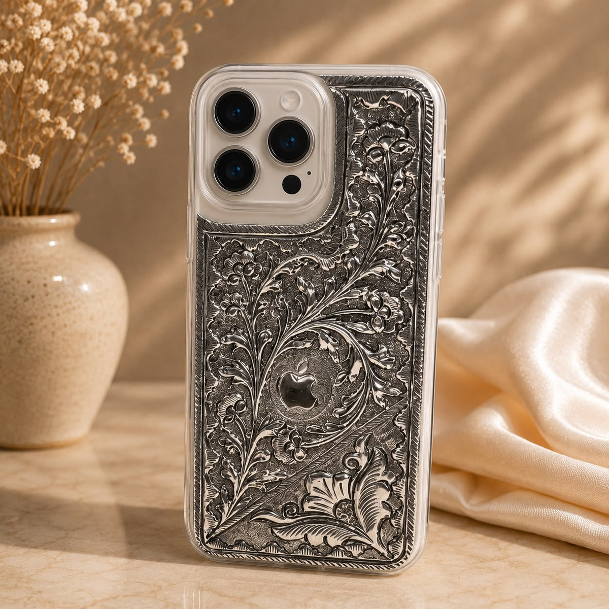 iPhone Pro Cover – Floral Scroll with Diagonal Flower Accent & Fine Linear Border