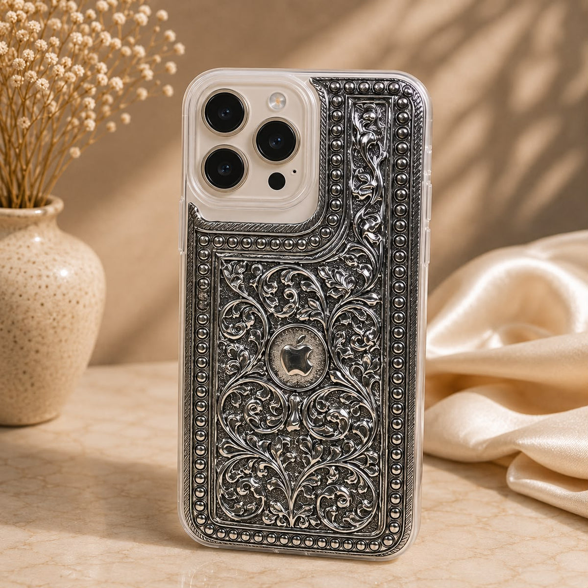 iPhone Pro Cover – Floral Scroll with Thick Beaded Double Border