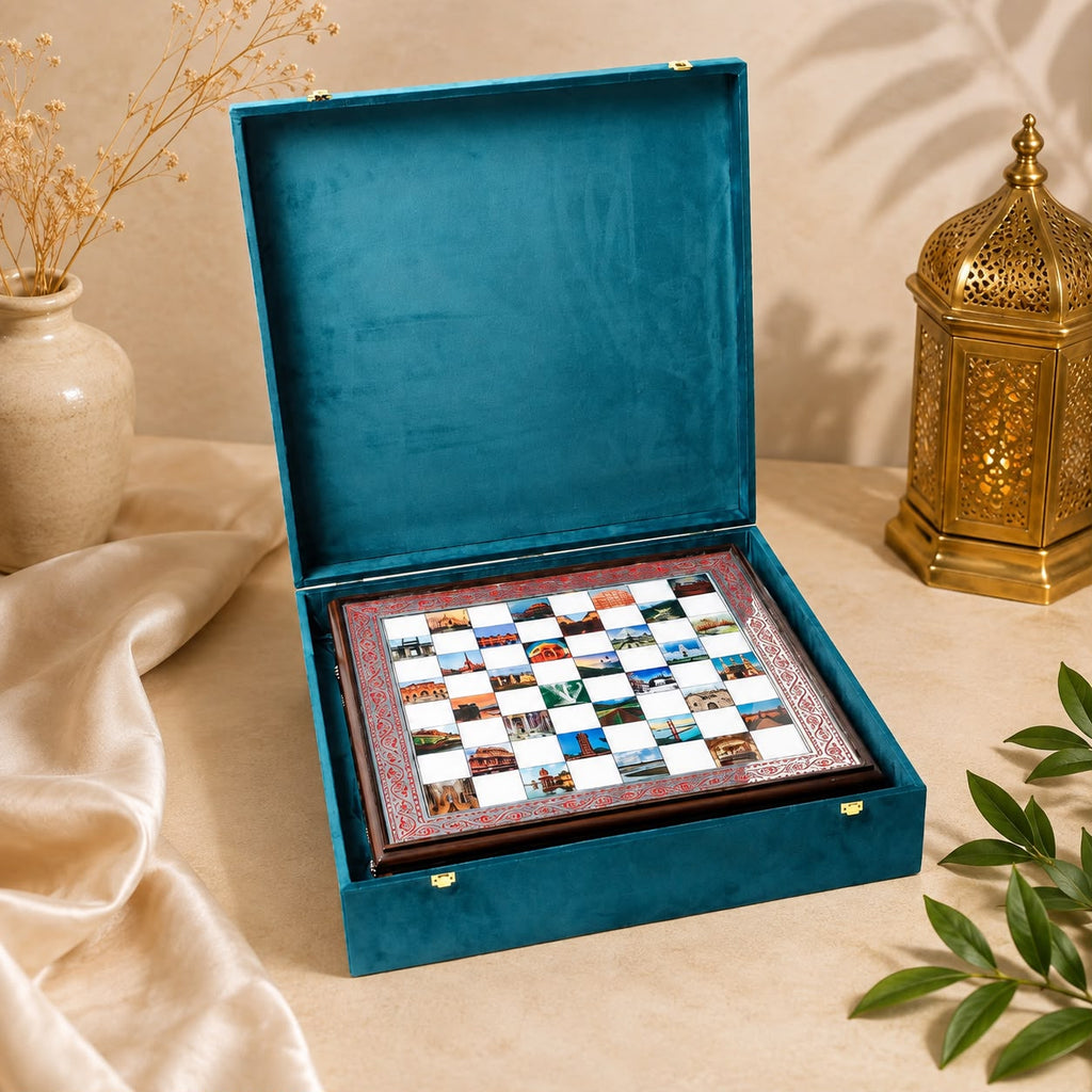 Pure Silver Meenakari Chess Set – 32 Rajasthani Silver Pieces on Wooden Board